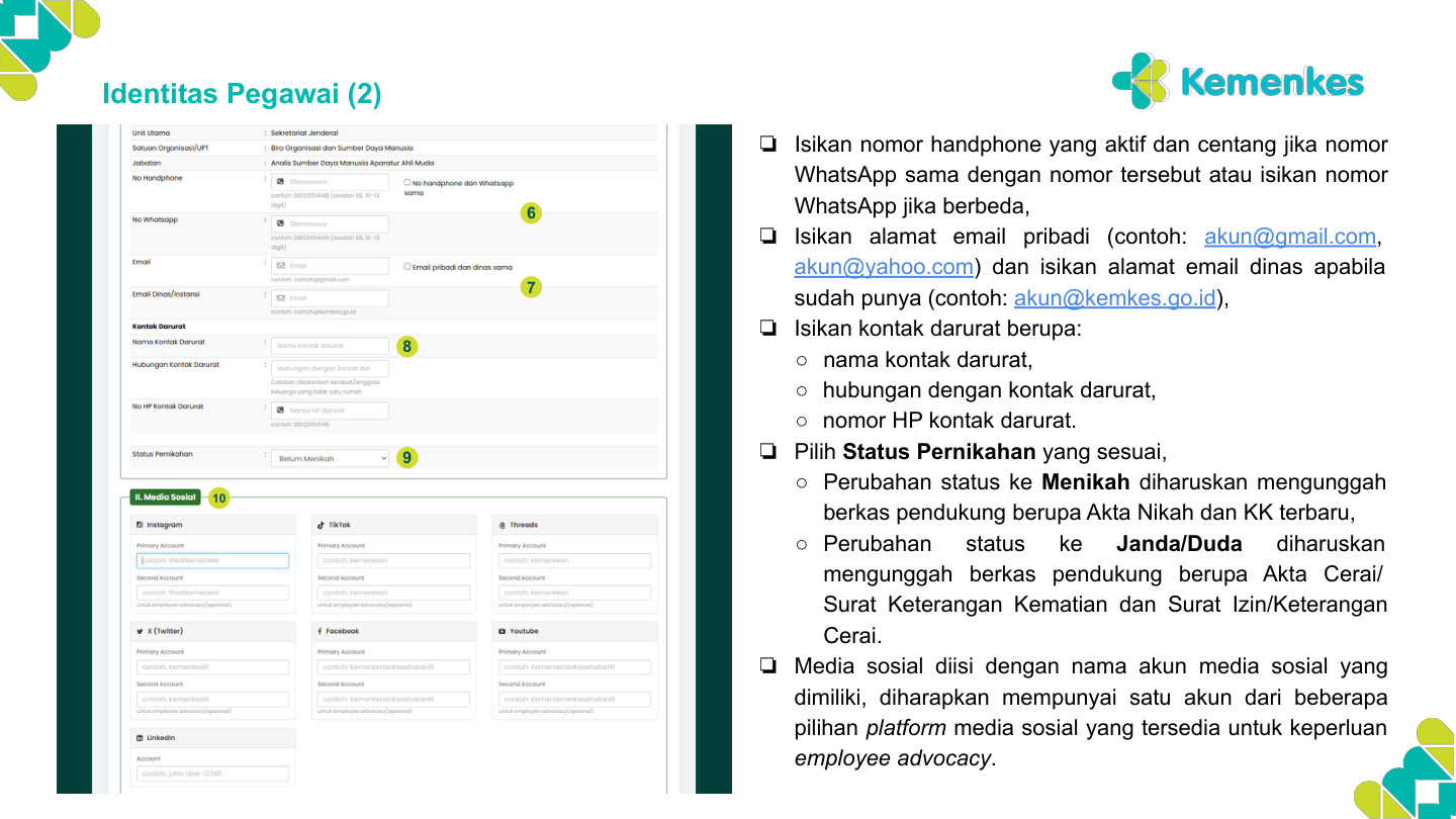 Form Identitas Pegawai — Bagian 2 (Kontak & Media Sosial)